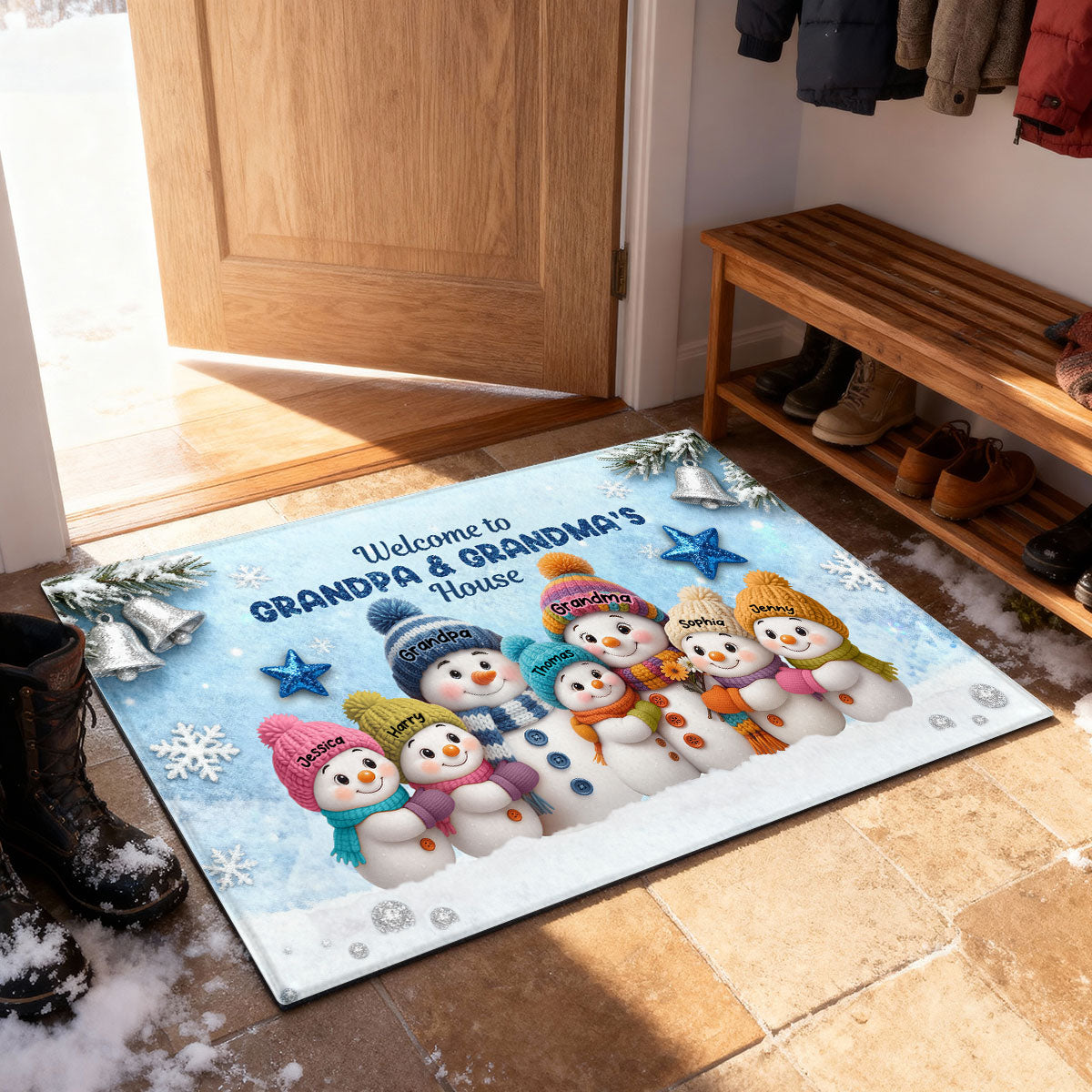3D Effect Snowy Christmas Snowman Welcome To Grandma Grandpa House - Personalized Doormat
