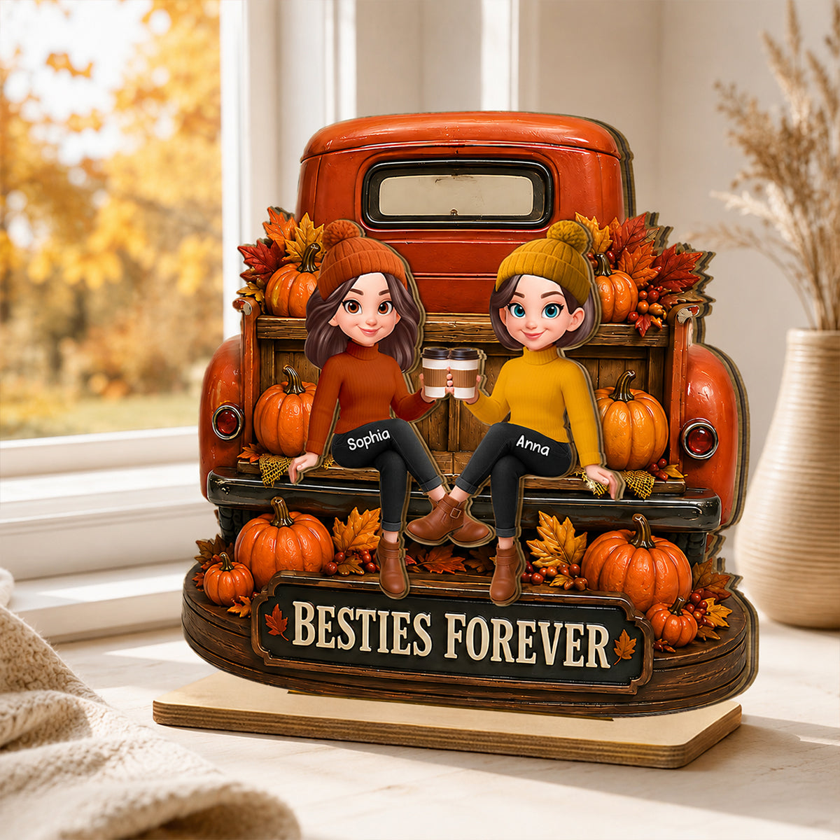 Besties Forever Fall Truck - Personalized 2-Layered Wooden Plaque - Fall Gift For Best Friends
