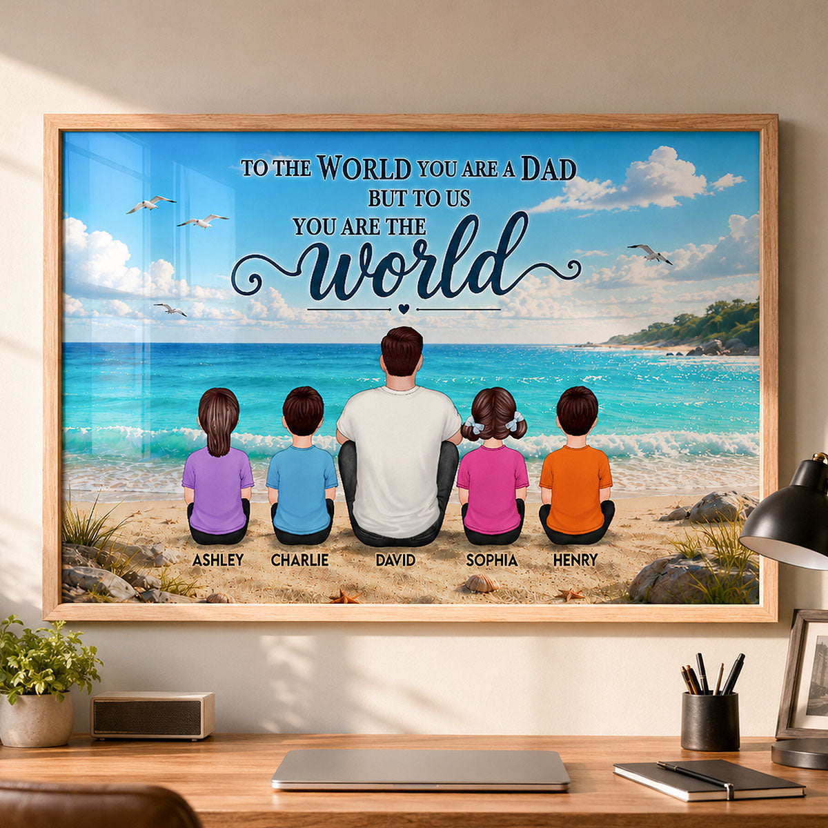 Beach Landscape Dad Grandpa And Kids - Personalzied Poster - Father's Day gift