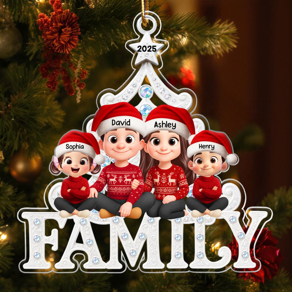Family Sitting Metallic Mix Crystal Effect - Personalized Acrylic Ornament - Christmas Gift for Family