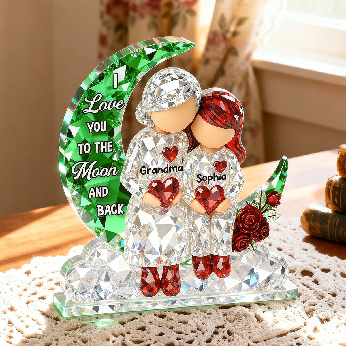 3D Crystal Effect Grandma Grandpa Grandkid Sitting on Moon - Personalized Acrylic Block Plaque - Heartfelt Home Decor for Grandma