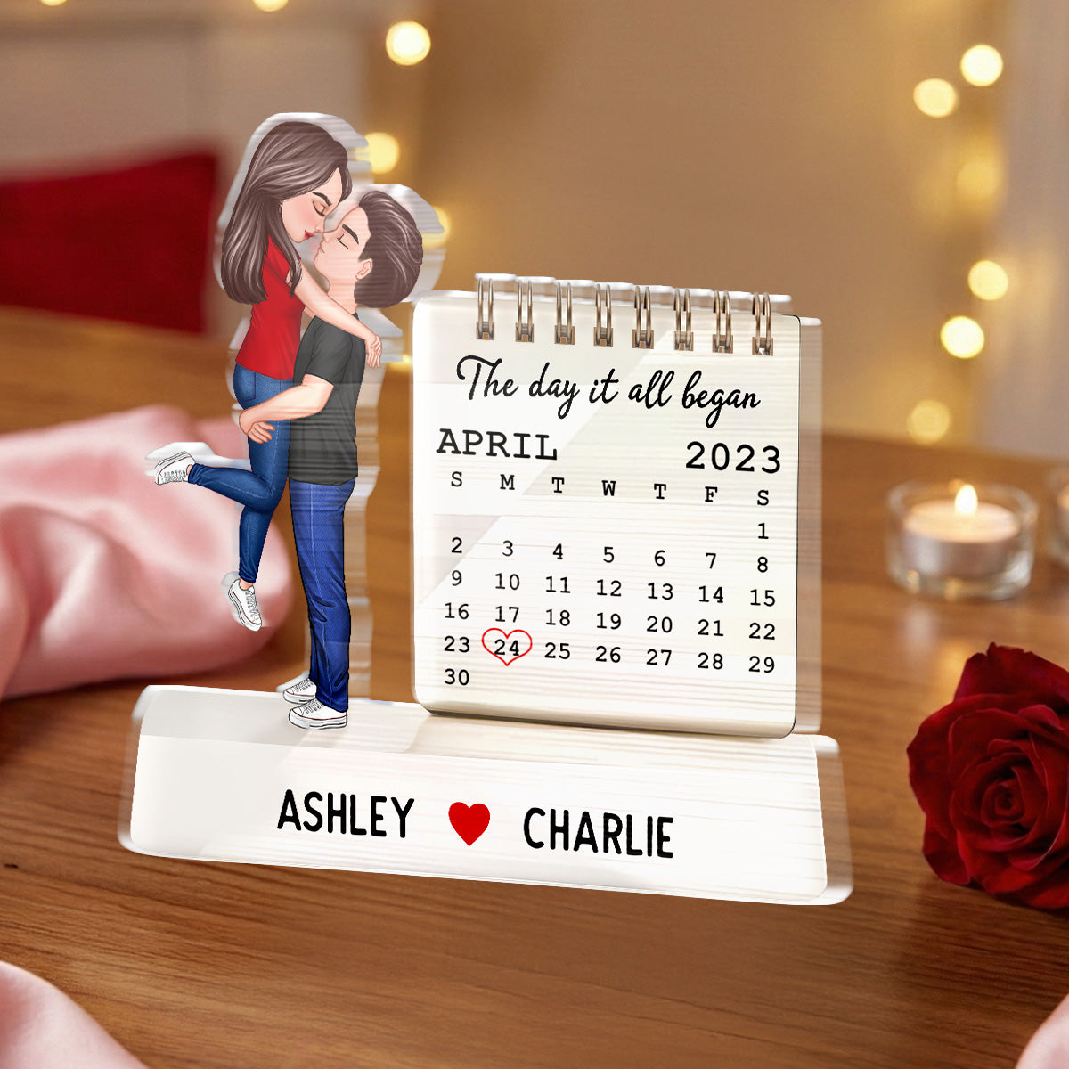 Couple Hugging Kissing The Day Our Story Began Couple Anniversary Calendar 2D Flat - Personalized Acrylic Block Plaque