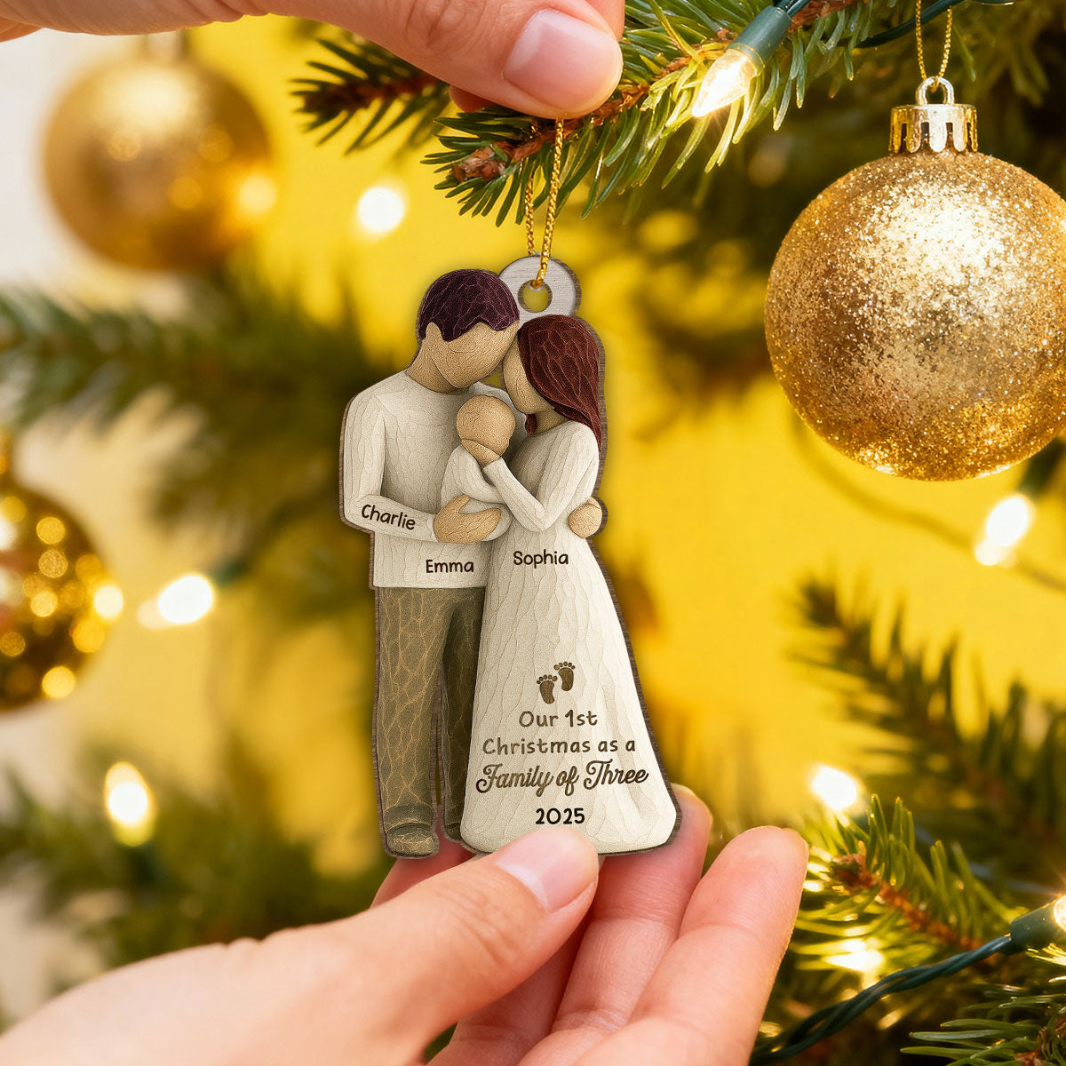 3D Effect First Christmas As Family Of Three Mom Dad & Baby - Personalized Car Hanger