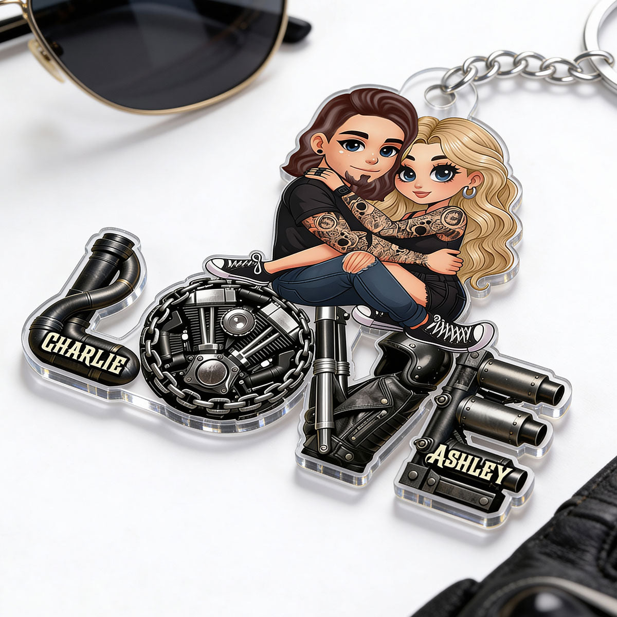 Biker Couple Together - Personalized Acrylic Keychain - Gift For Bikers, Gift For Him, For Her