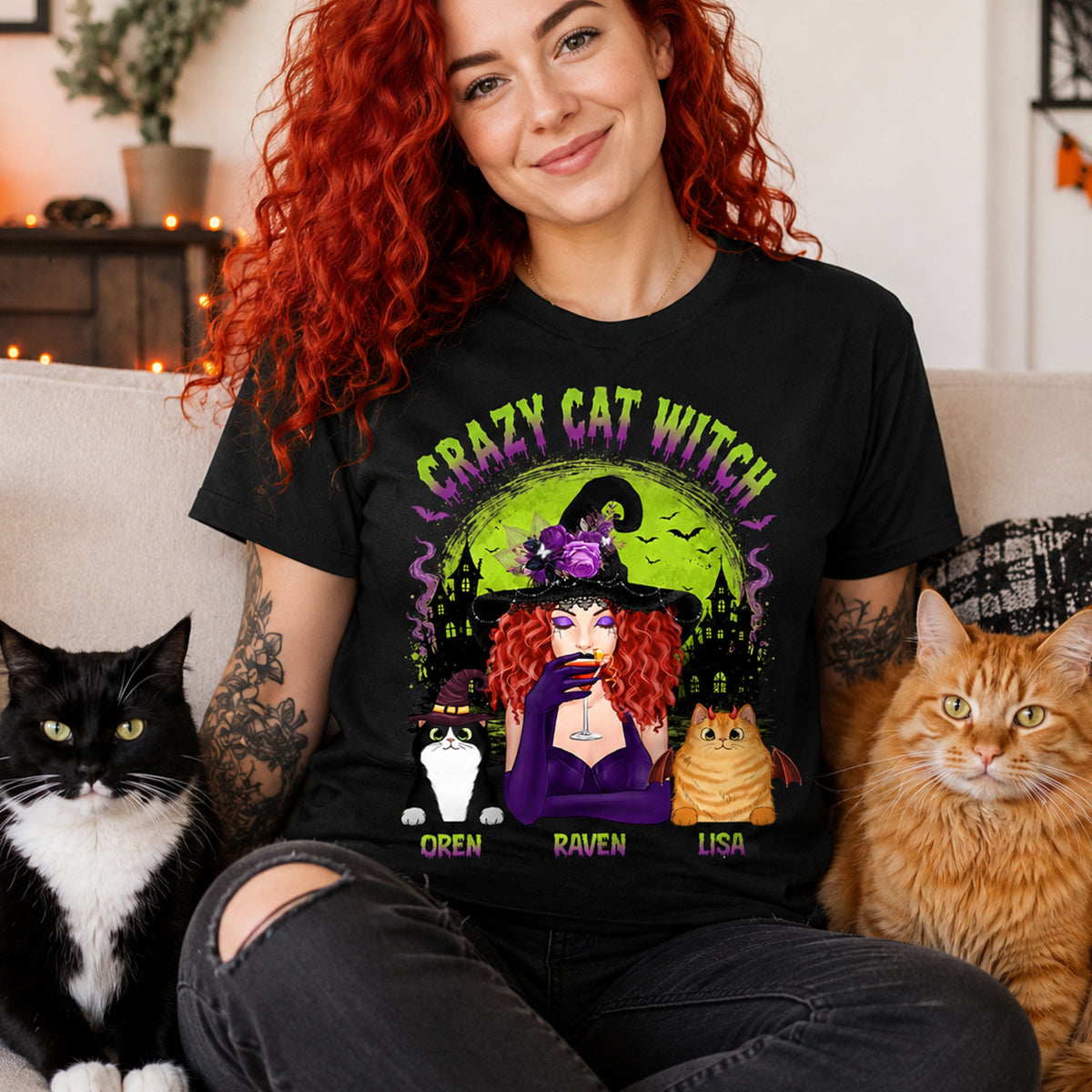 Crazy Cat Witch - Personalized Shirt - Halloween Gift for Cat Moms, Cat Lovers