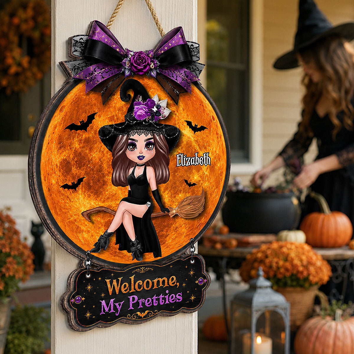 The Witch Is In Witch On Broom - Personalized Door Hanger Sign - Halloween Decor, Wicca Pagan Decor For Witches