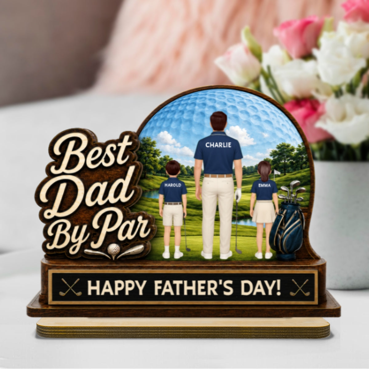Best Dad By Par Custom Man & Kids Back View - Personalized 2-Layered Wooden Plaque -  Gift For Golf Dad