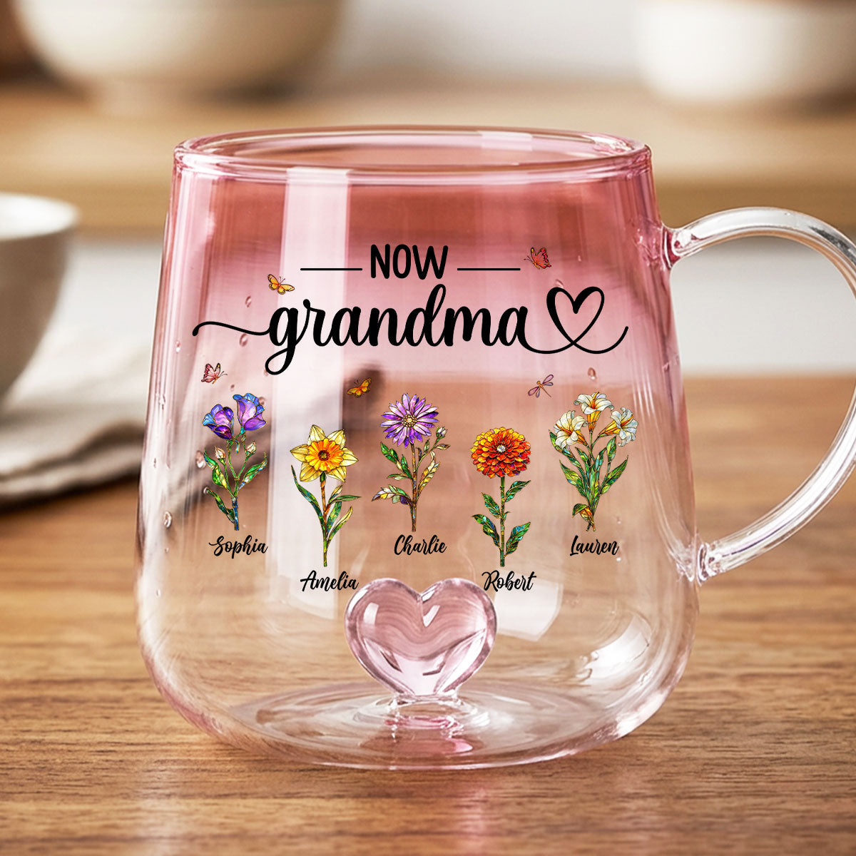First Mom Now Grandma Custom Birth Flowers - Personalized Glass Mug - Mother's Day Gift for Mom, Grandma