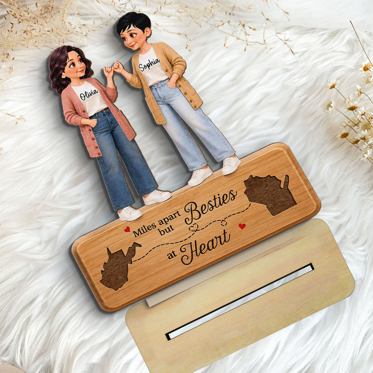 Pretty Besties Pinky Promise Miles Apart Besties At Heart 2D Flat - Personalized 2-Layered Wooden Plaque - Birthday Gift, Long Distance Friendship Gift for Best Friends