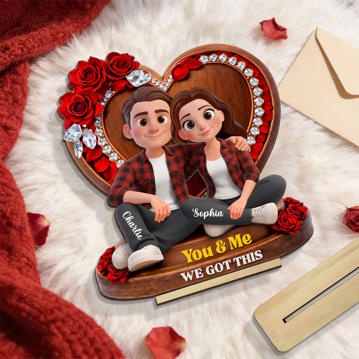 Couple Sitting Rose Heart - Personalized 2-Layered Wooden Plaque - Heartfelt Valentine's Day Gift for Her, for Him