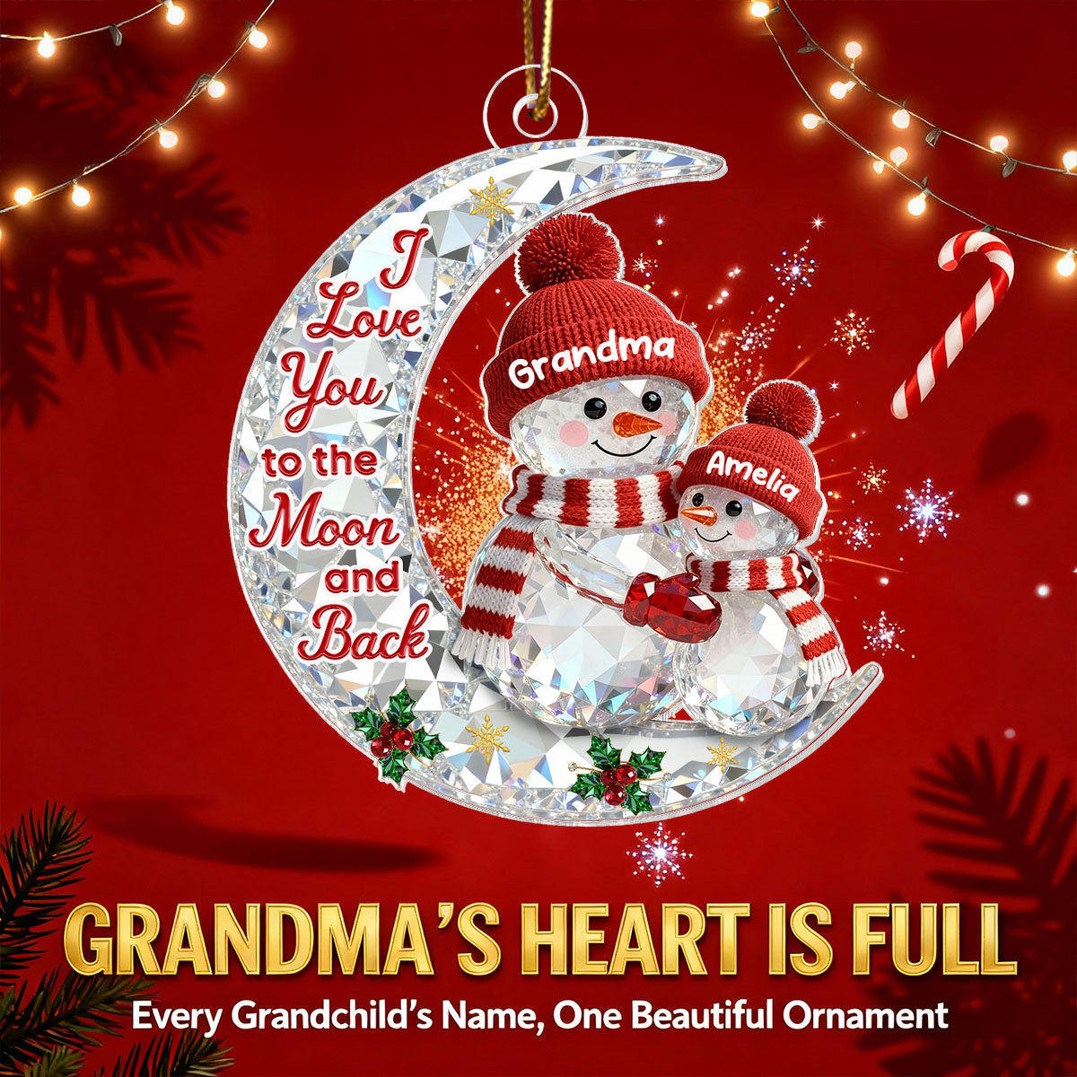 3D Effect Flat Snowman Grandma And Grandkid On Moon - Personalized Acrylic Ornament - Gift For Grandma, Grandkids