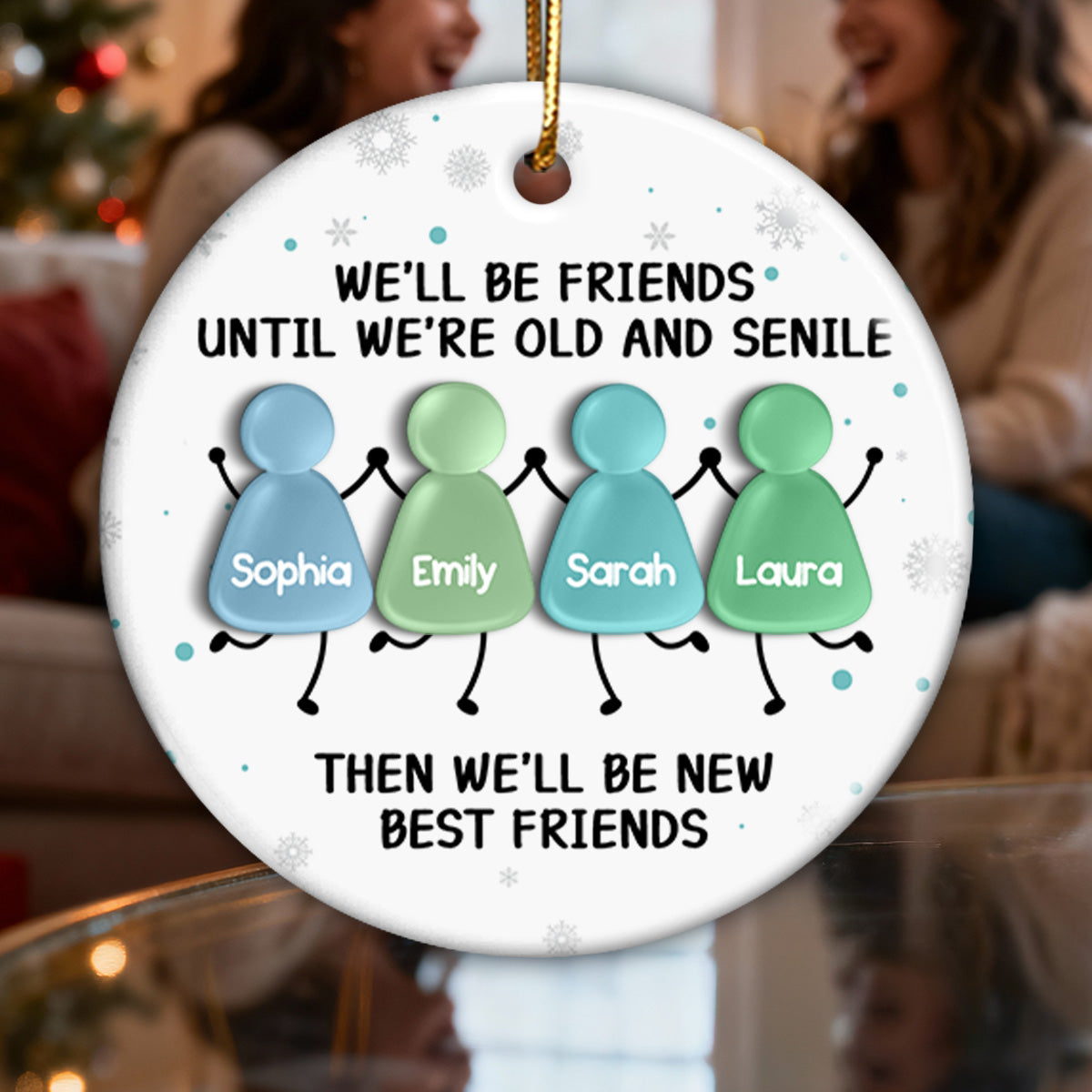 3D Sea Glass Effect Christmas Happy Besties - Personalized Ceramic Ornament With Acrylic Pieces