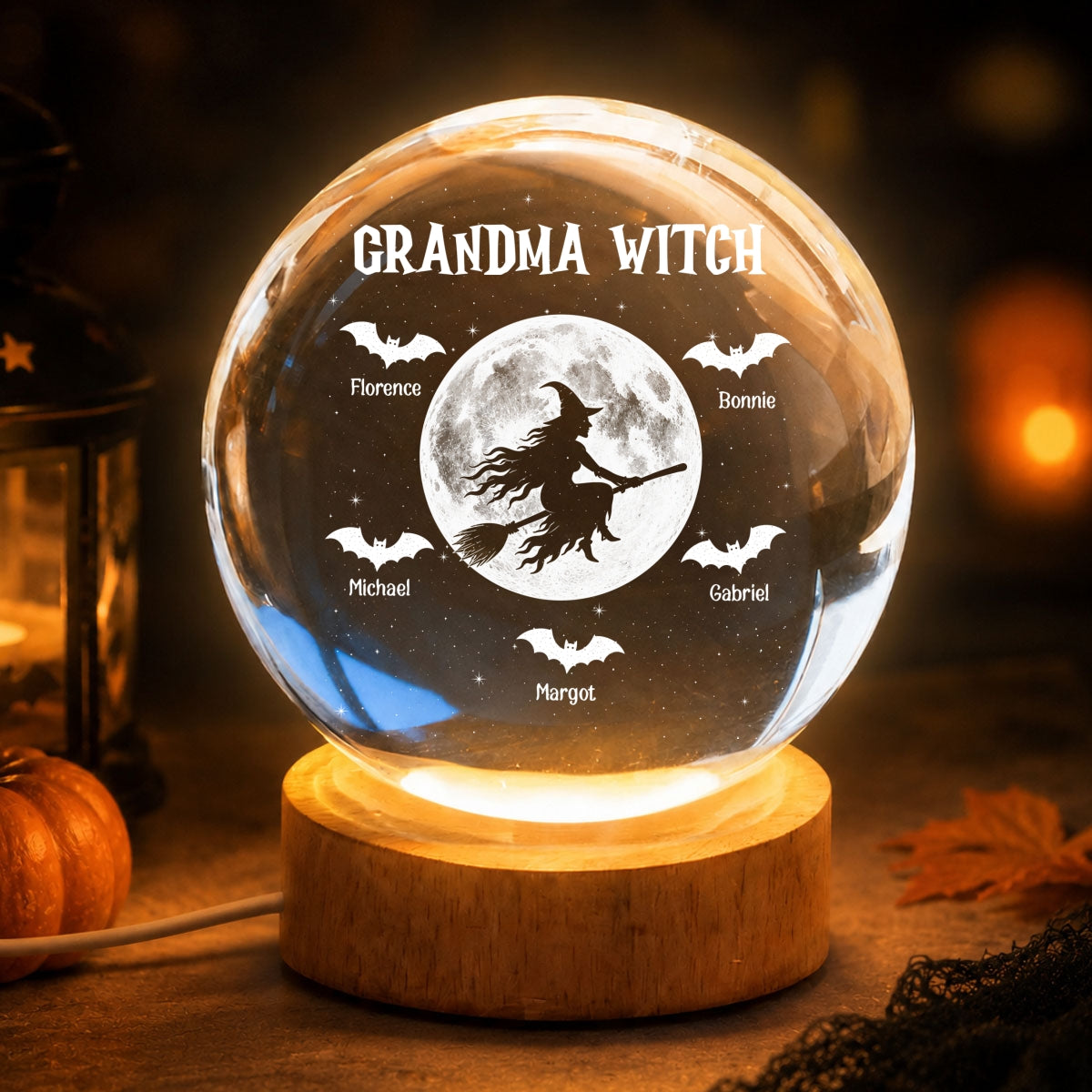 Grandma Witch With Kids Names - Personalized Crystal Ball Night Light - Halloween Gift