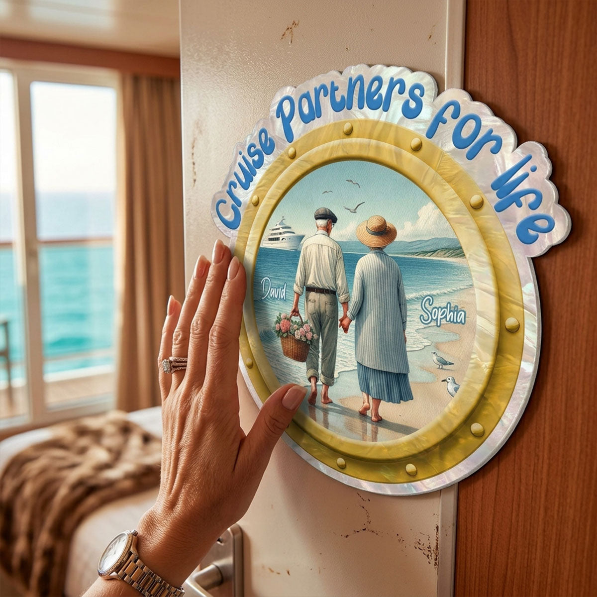 Cruise Partners For Life Porthole Old Couple Walking On The Beach - Personalized Cruise Ship Door Magnet - Cruise Trip Keepsake