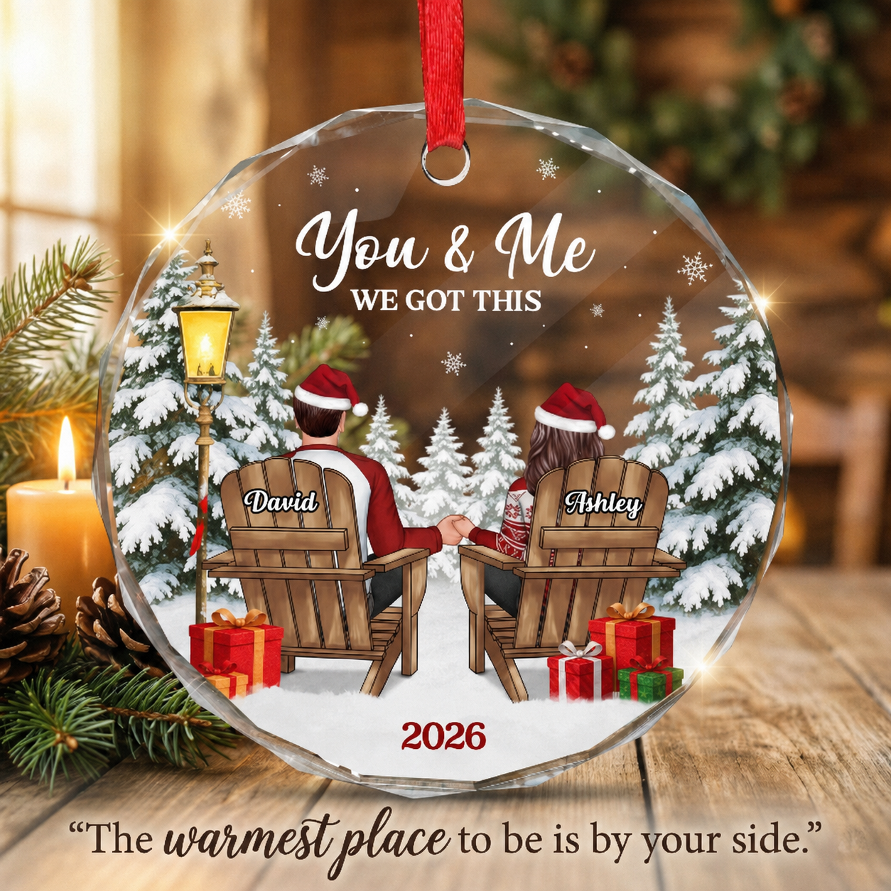 Couple Sitting Winter Landscape - Personalized Glass Ornament - Christmas Gift For Him, For Her, Anniversary Gift
