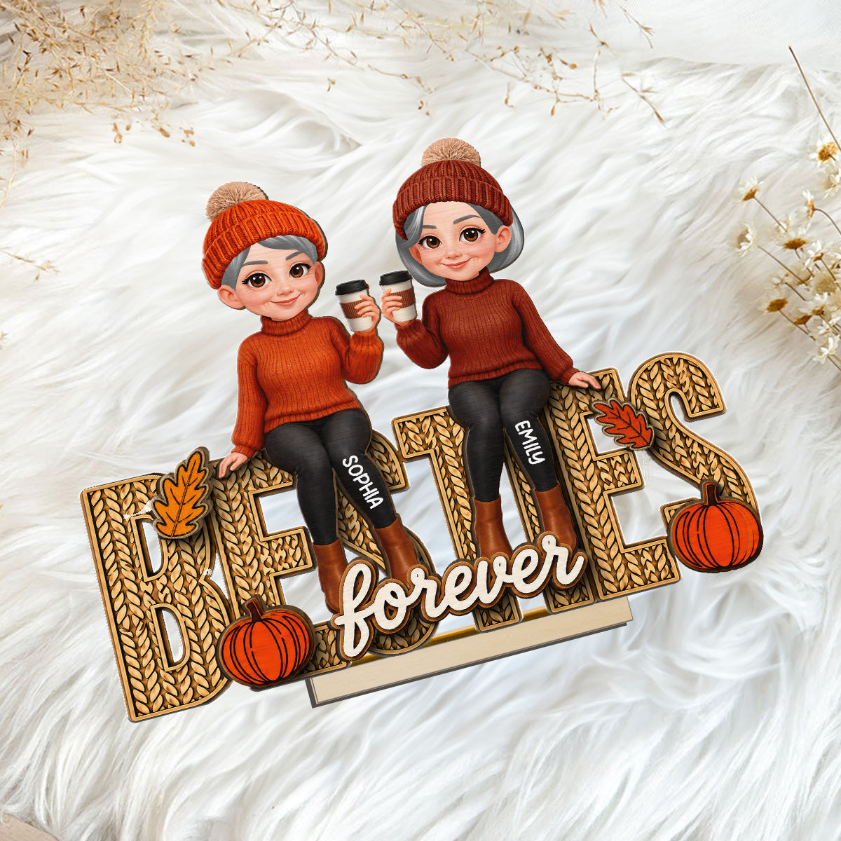 Besties Sisters Fall Season Knit Pattern - Personalized Wooden Plaque