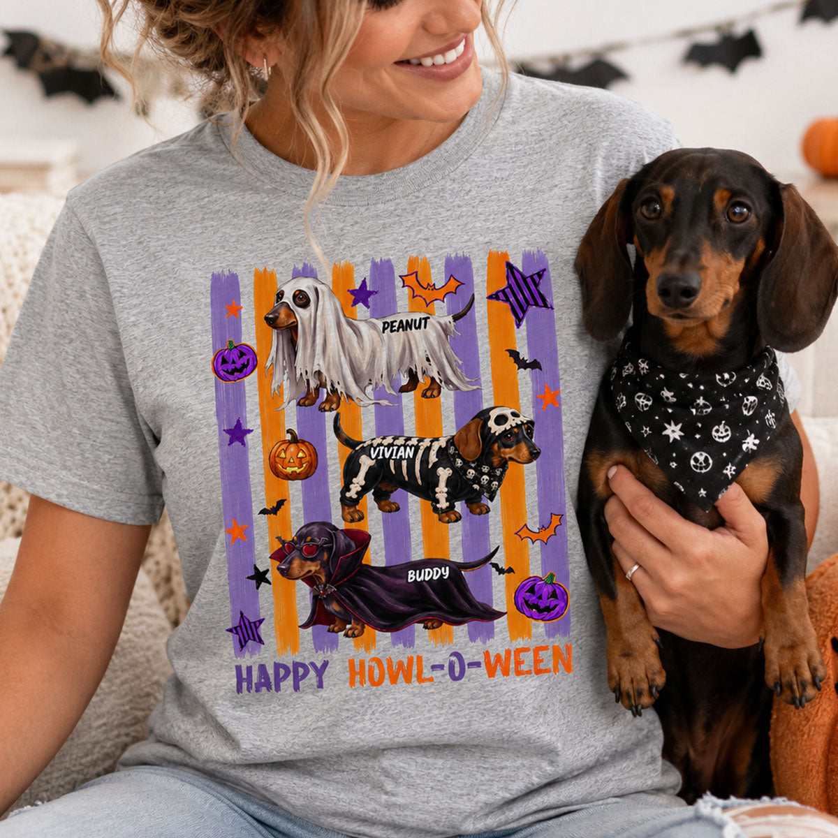 Striped Halloween Dachshund Ghost - Personalized Shirt - Halloween Gift For Dog Lovers