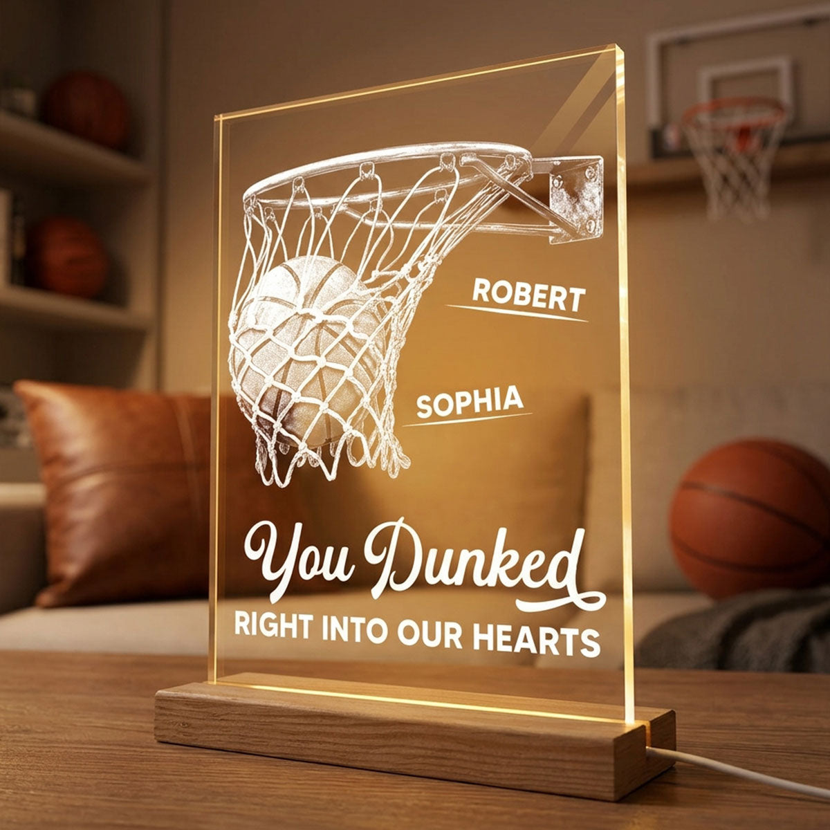We Dunked Right Into Our Heart - Personalized Acrylic Plaque LED Night Light - Father's Day Gift For Basketball Dad