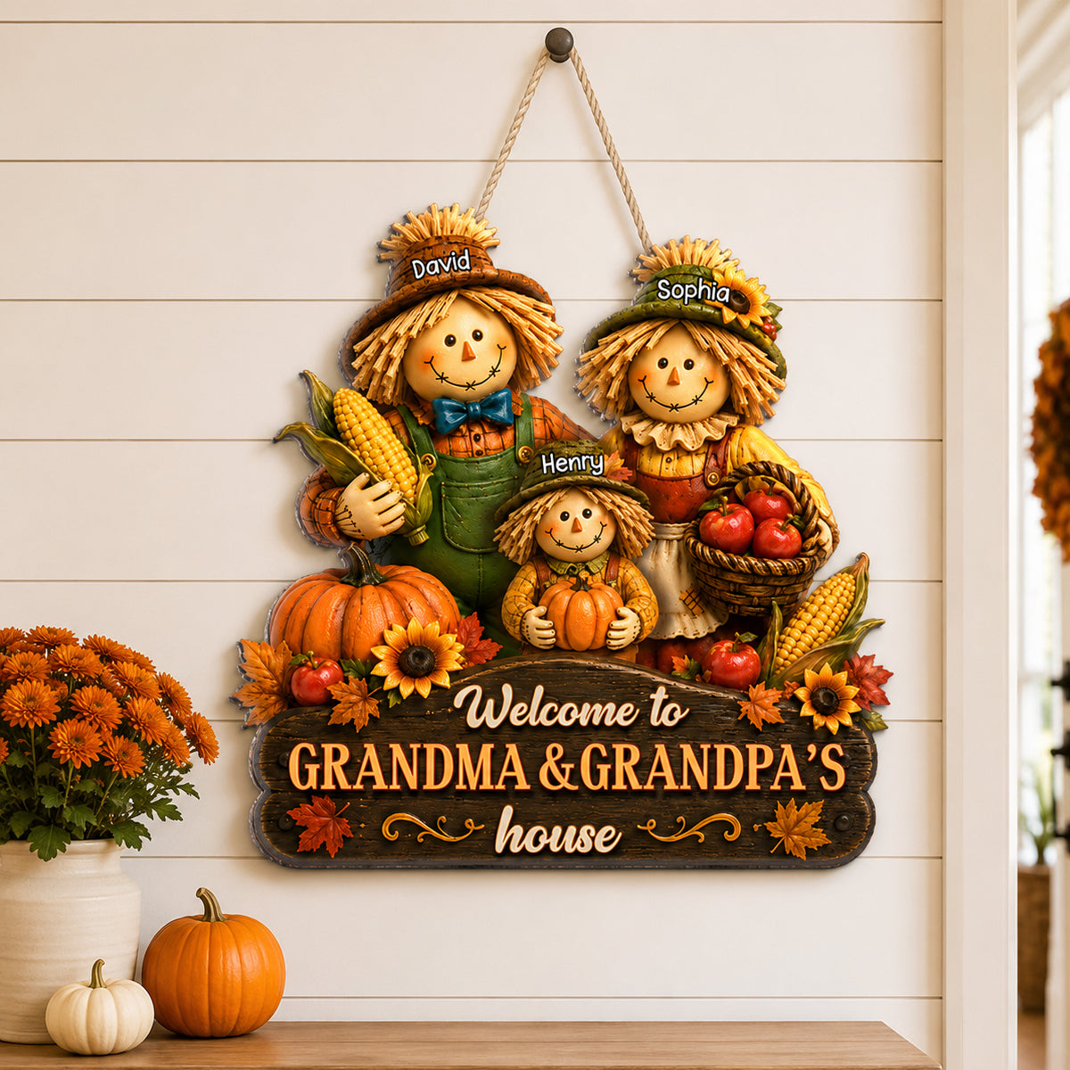 Welcome to Grandma Grandpa's House Scarecrow - Personalized Door Hanger - Fall Thanksgiving Decor