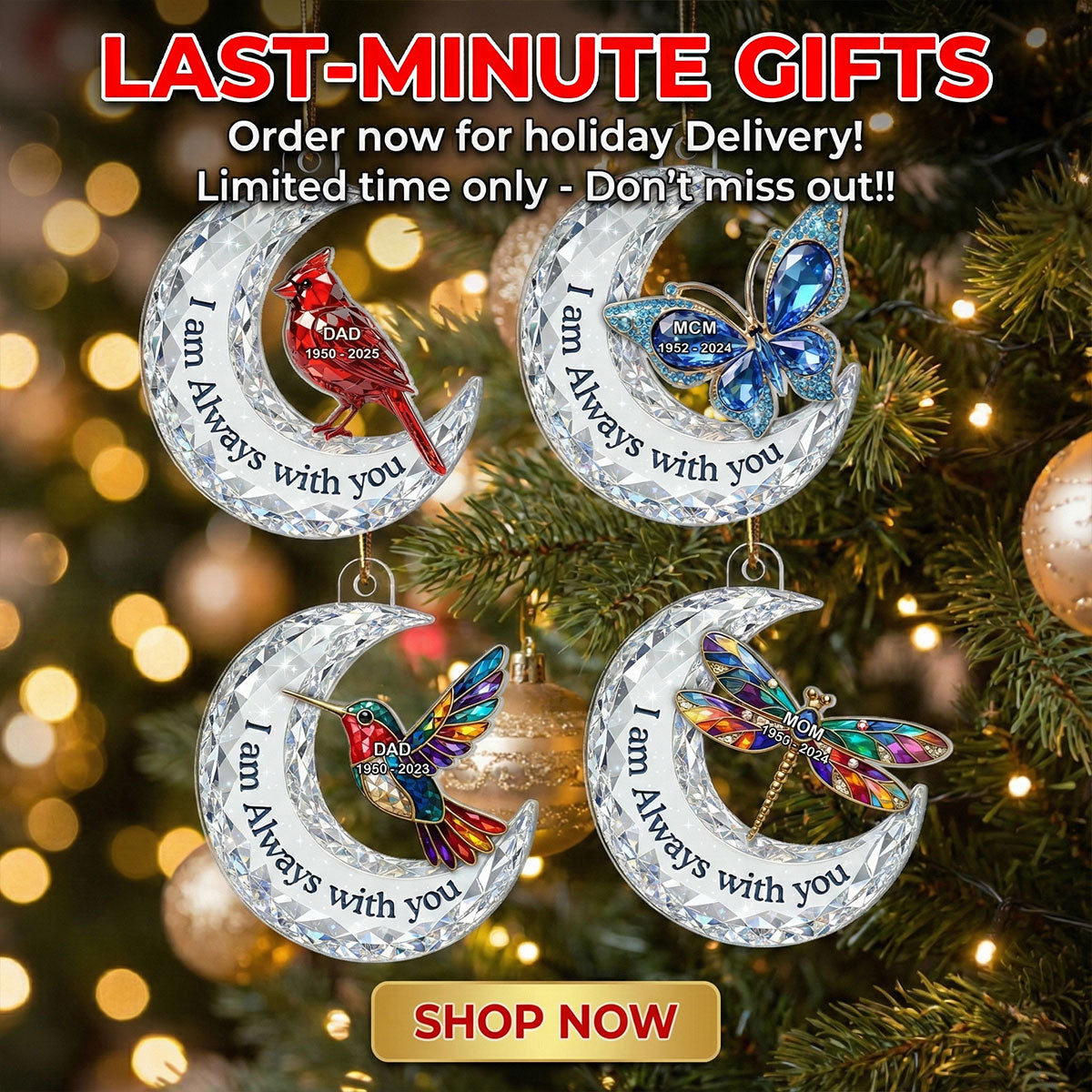 3D Effect Flat Christmas Cardinal On Moon Memorial - Personalized Acrylic Ornament - Remembrance Gift, Sympathy Gift