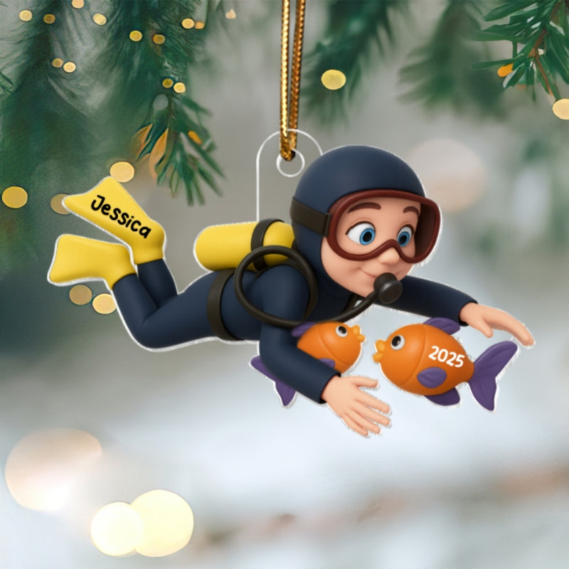 Christmas Boy Girl Man Woman Scuba Diving - Personalized Acrylic Ornament - Gift For Scuba Diver, Grandson, Granddaughter
