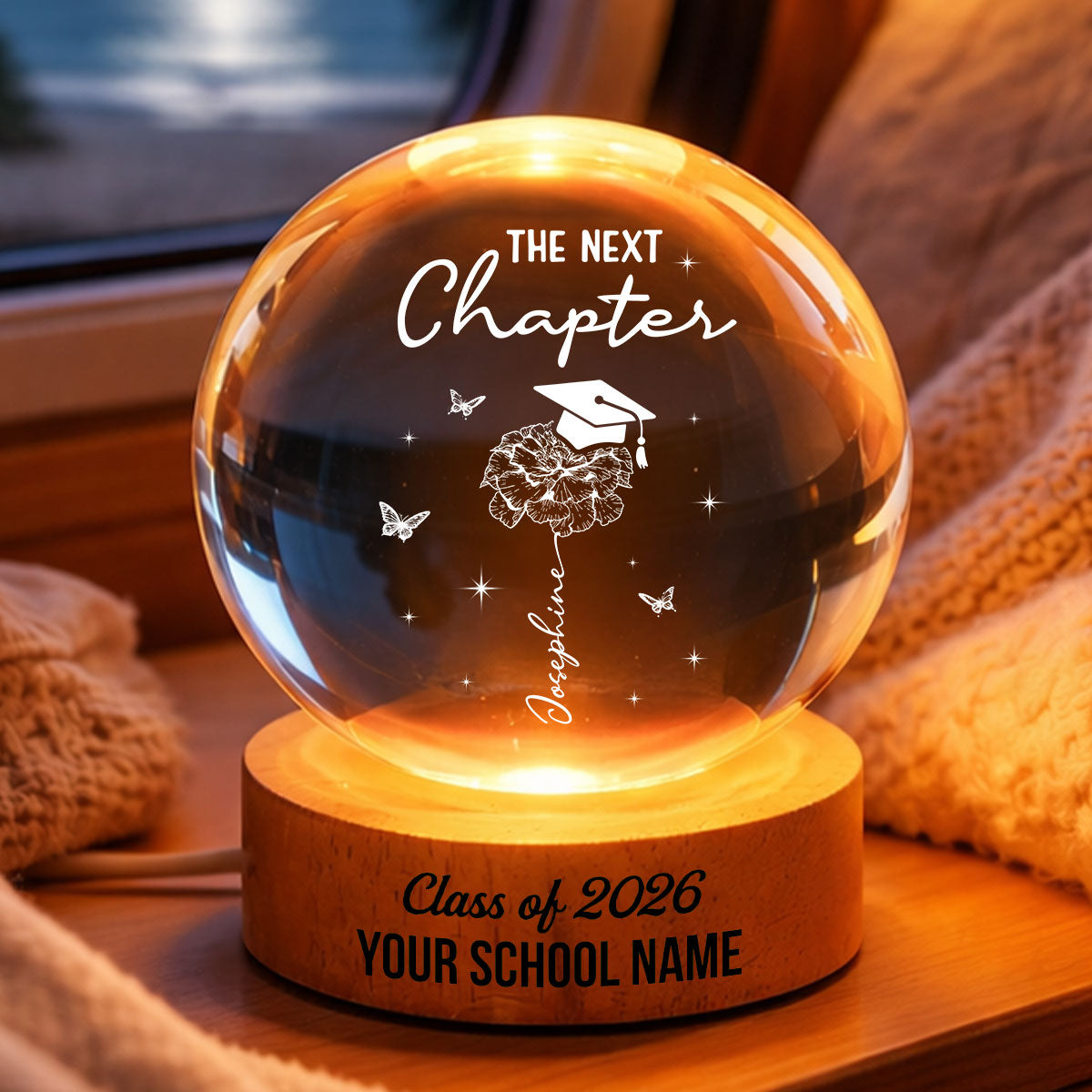 Graduation Birth Month Flower New Chapter - Personalized Crystal Ball LED Night Light - Graduation Gift, Keepsake For Daughter, Granddaughter