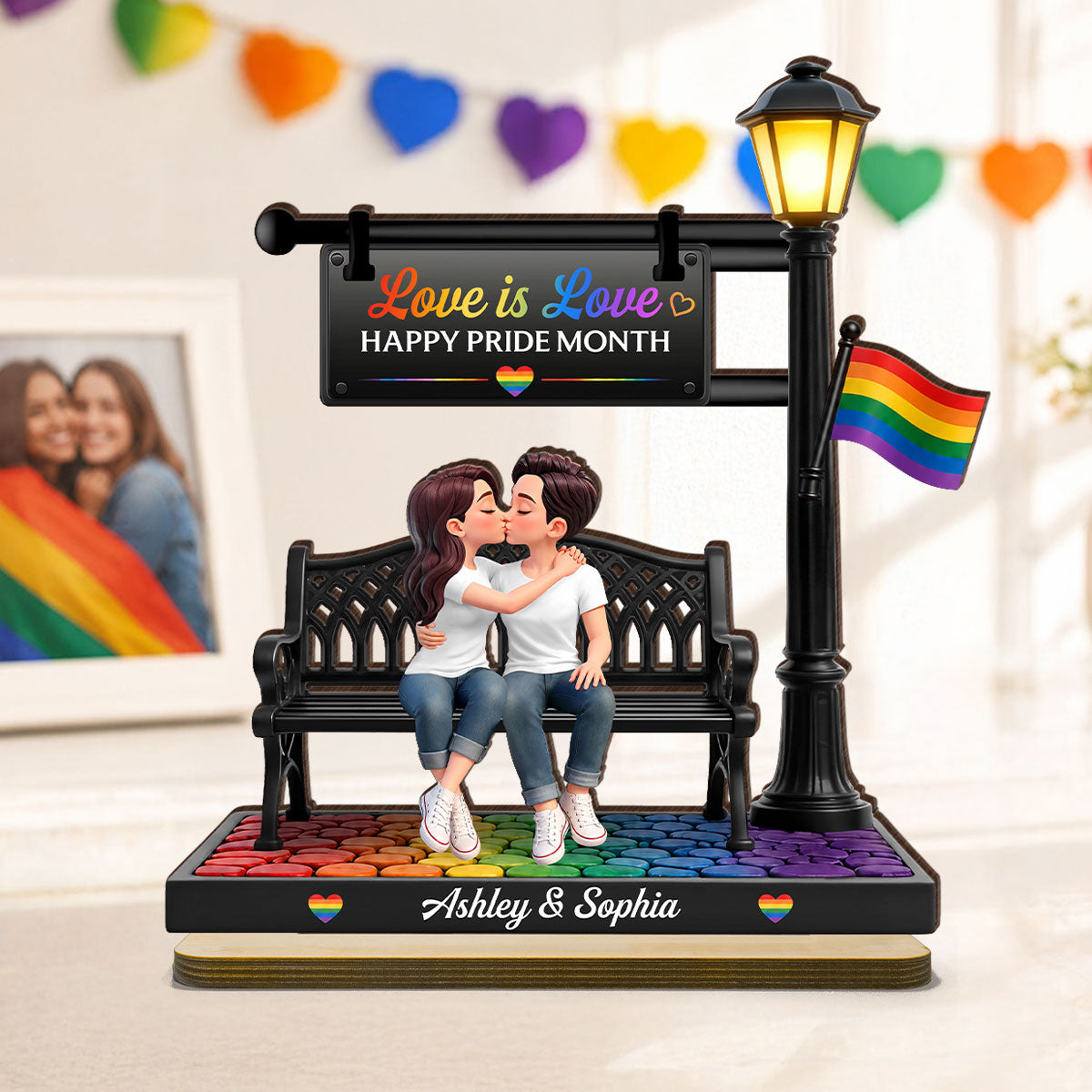 LGBT+ Couple Sitting On Bench Under Lamp Post - Personalized 2-Layered Wooden Plaque - Gift For Couple, Happy Pride Month