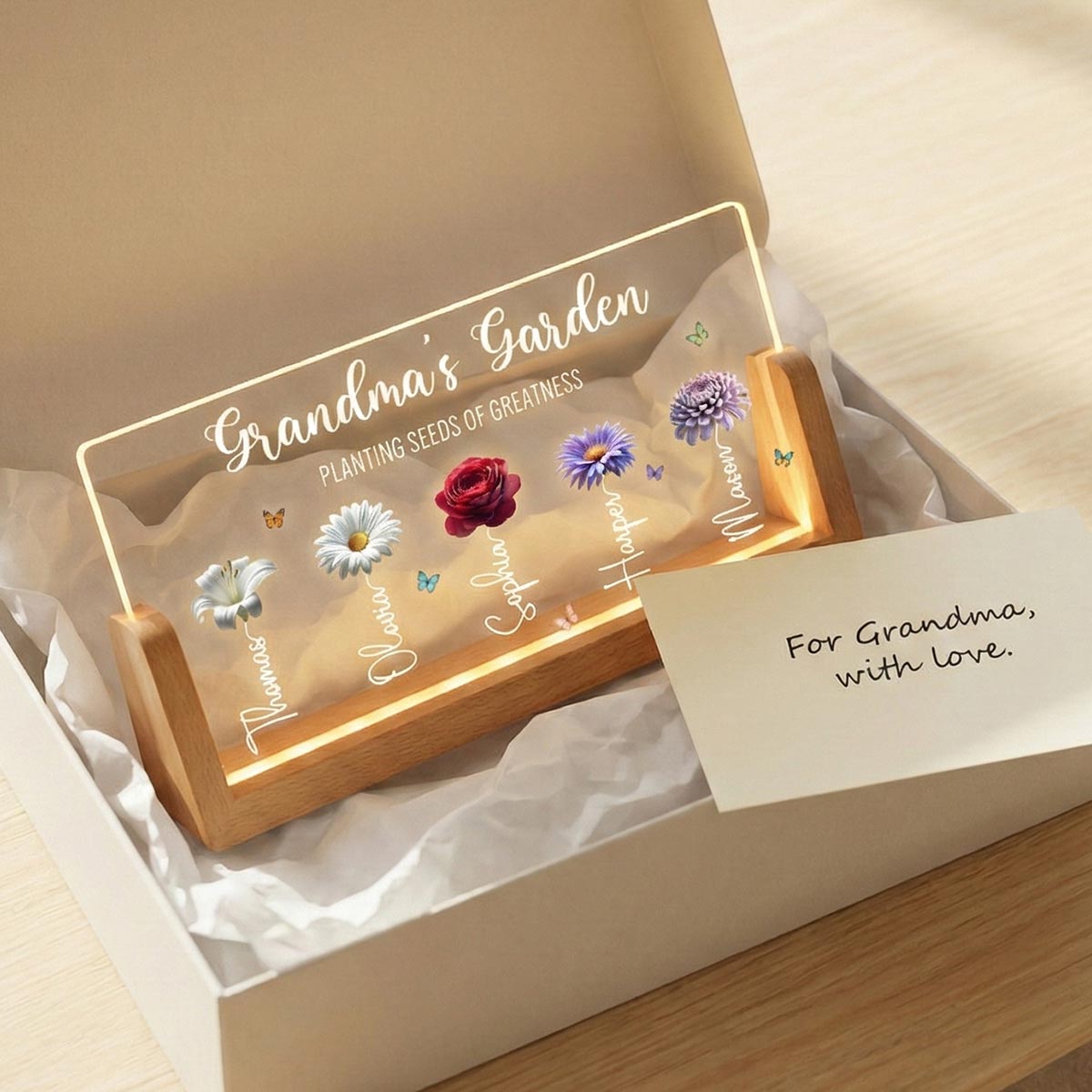 Grandma's Garden Custom Birth Month Flowers - Personalised Acrylic Plaque LED Night Light - Gift For Grandma