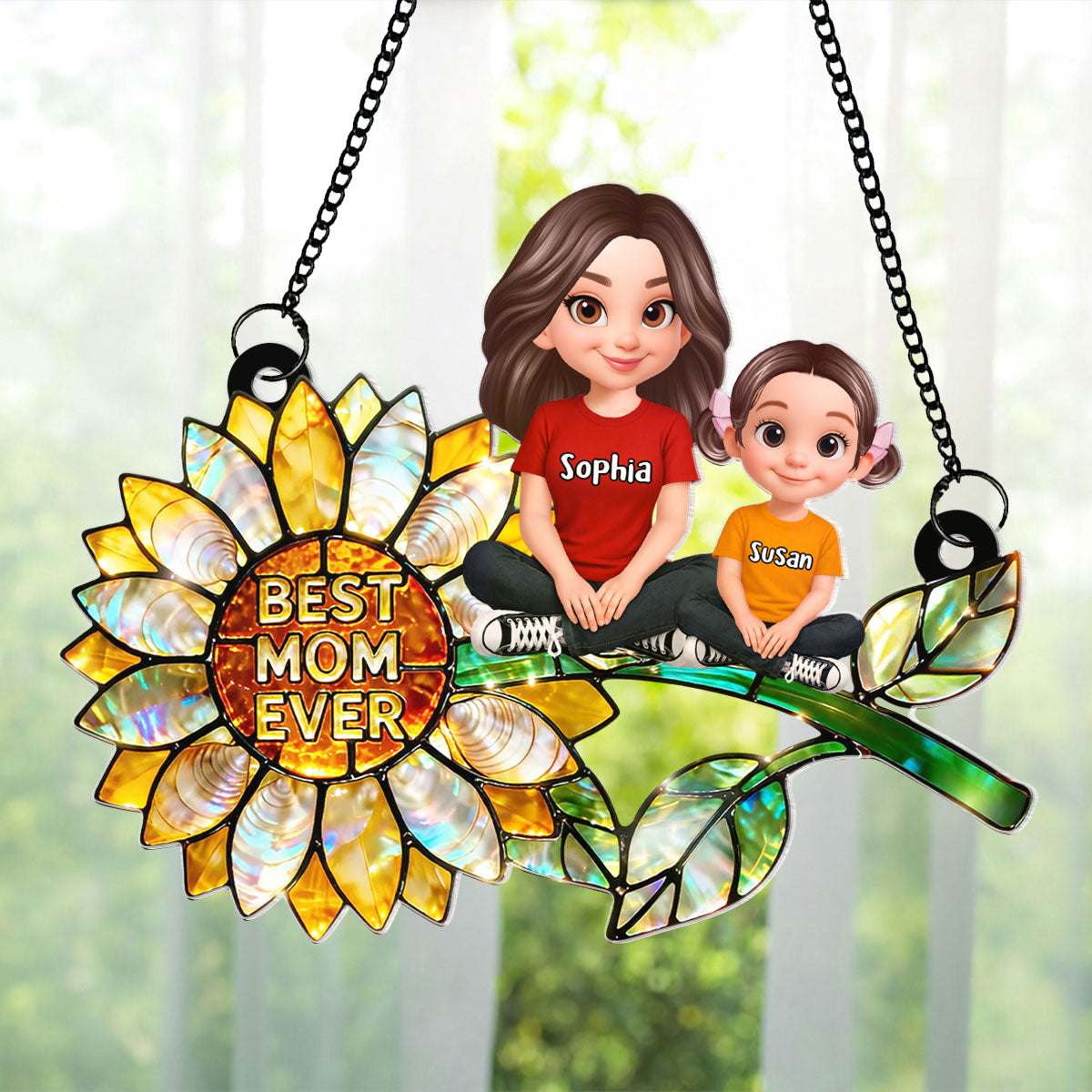 Sunflower Mom and Kids Sitting - Personalized Window Hanging Suncatcher - Mother's Day Gift for Mom, Wife