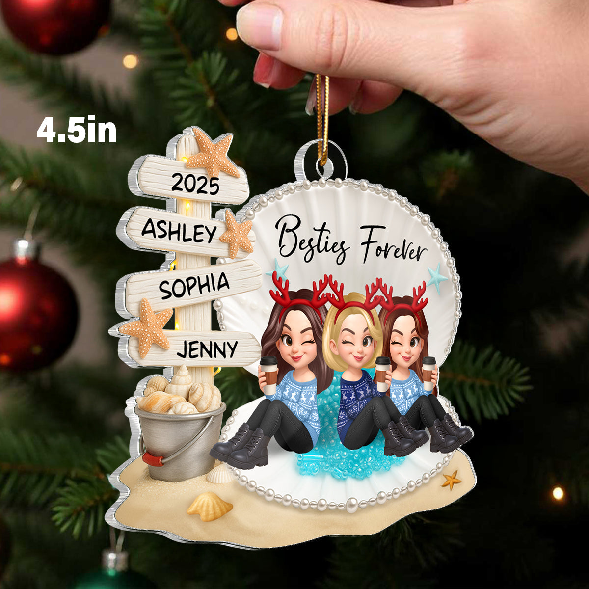 Besties Sitting in Shell - Personalized Acrylic Ornament - Christmas Gift for Best Friends