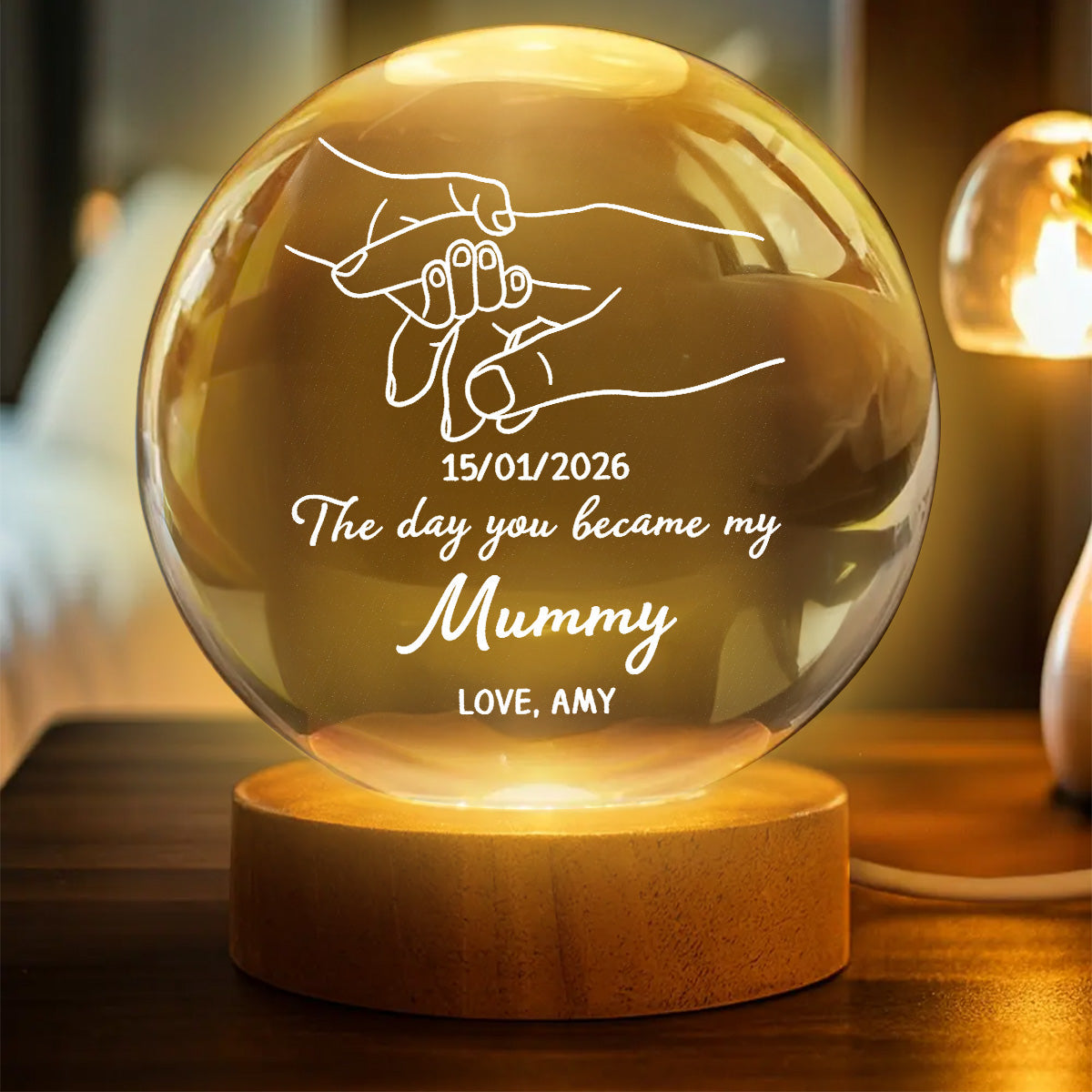 The Day You Became My Mom Mummy Holding Hand First Mother's Day - Personalized Crystal Ball LED Night Light - First Mother's Day Gift For New Mum, New Mom