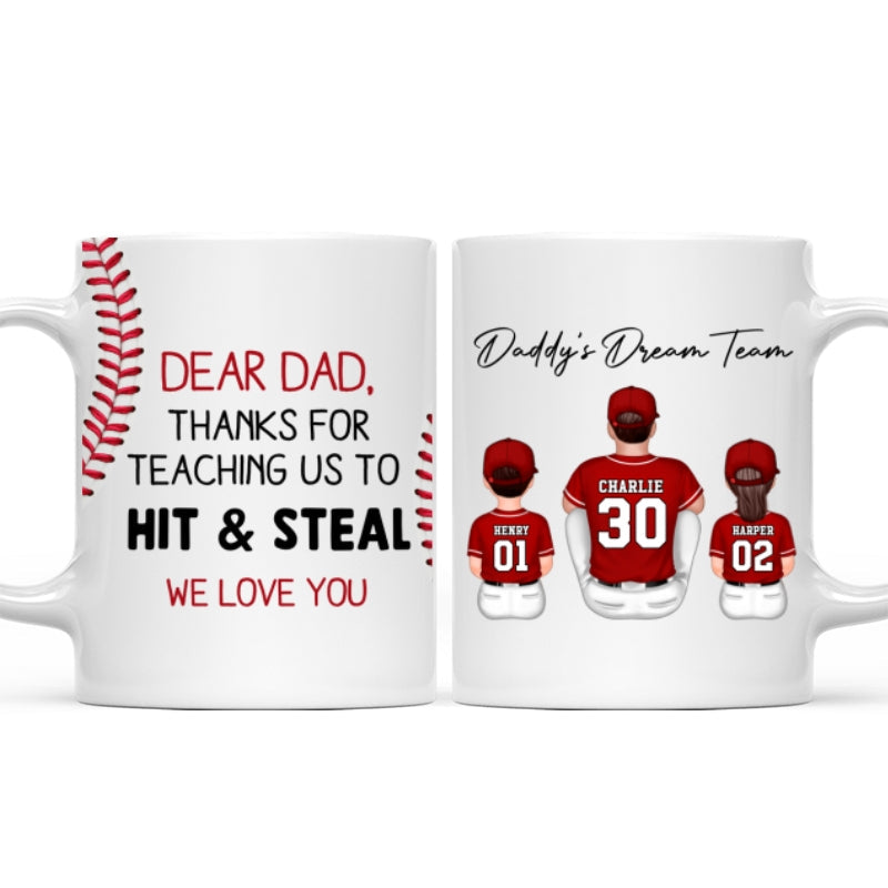 Thank You For Teaching Us To Hit & Steal Back View Baseball Dad & Kids - Personalized Mug - Father's Day Gift For Dad, Husband
