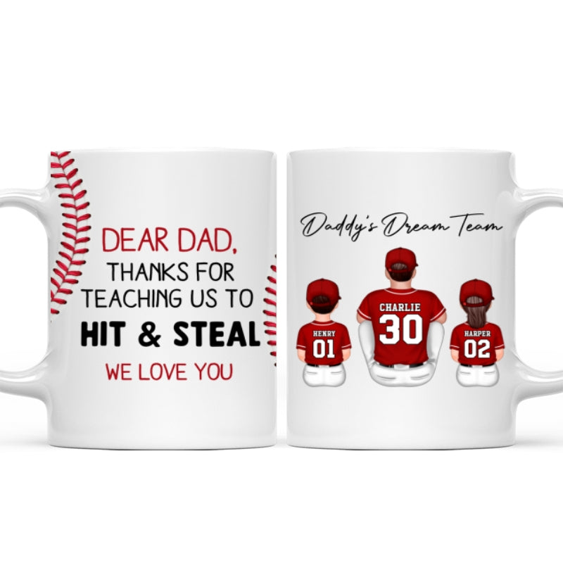 Thank You For Teaching Us To Hit & Steal Back View Baseball Dad & Kids - Personalized Mug - Father's Day Gift For Dad, Husband