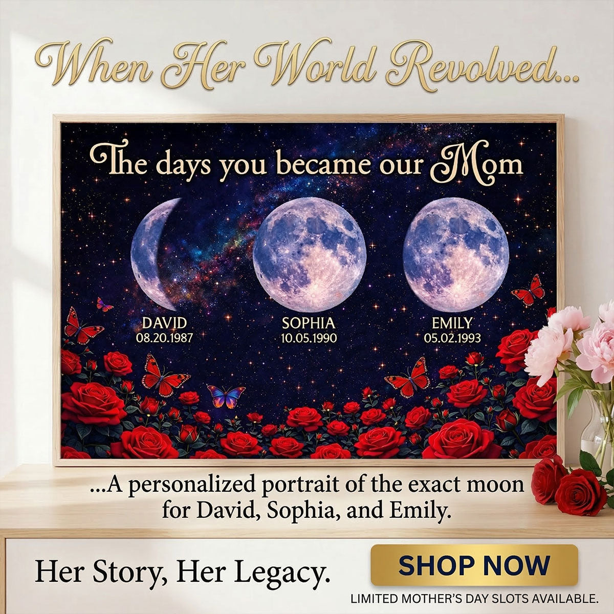 Roses The Day You Became Mom Grandma Custom Birth Moon Phase - Personalized Poster - Mother's Day Gift For Mom, Grandma