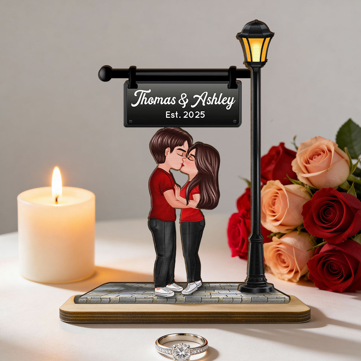 Eternal Love Couple Kissing Under Street Lamp Post - Personalized 2-Layer Wooden Plaque - Gift For Couple, Gift For Him, For Her