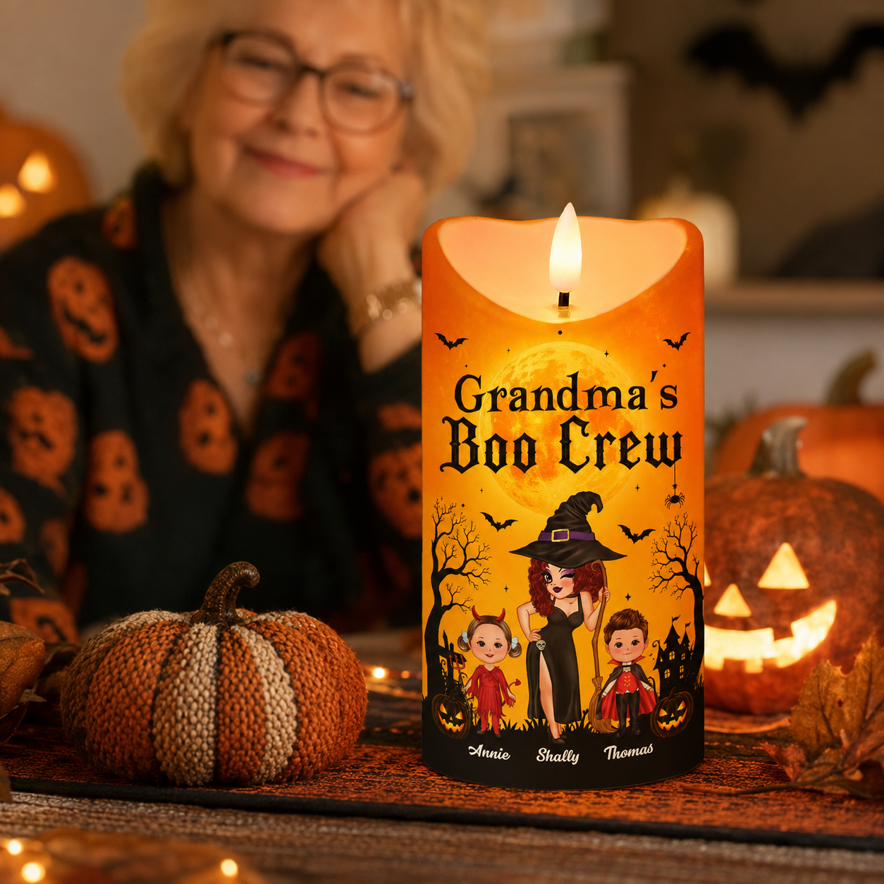 Grandma's Boo Crew Grandma Pretty Witch & Kids - Personalized LED Candle - Perfect Halloween Decor for Grandma