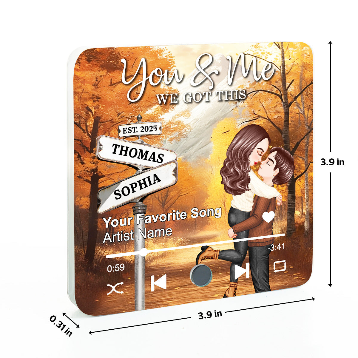 Couple Kissing Crossroads Street Sign Nostalgia Fall Theme - Personalized Music Fridge Magnet - Anniversary, Valentine's Day Gift For Couple