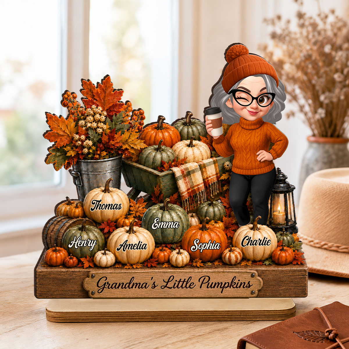 Pumpkin Wheelbarrow Grandma Grandkids - Personalized 2-Layered Wooden Plaque - Fall Season Decor Gift, Gift For Grandma