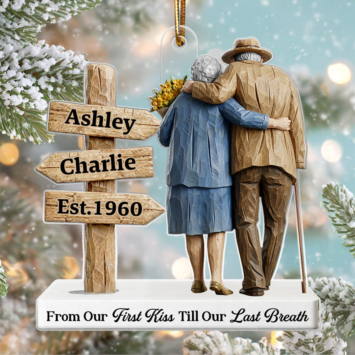 3D Effect Wooden Old Couple Sign Post - Personalized Acrylic Ornament - Heartwarming Christmas Gift For Him, For Her, For Couple
