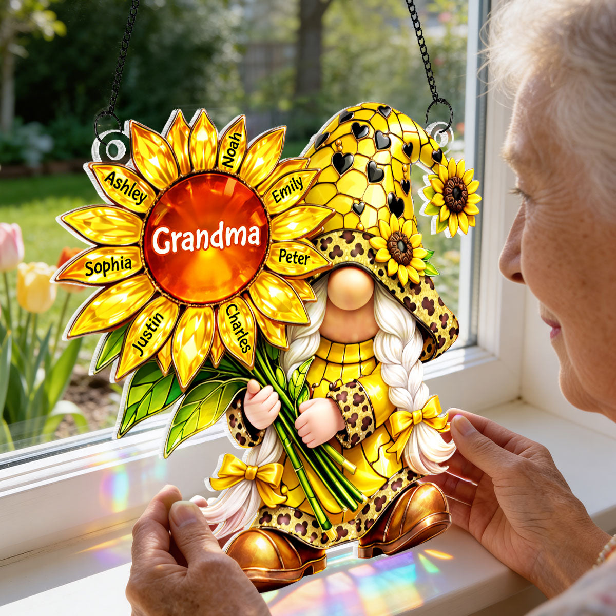 Grandma Gnome Sunflower - Personalized Suncatcher Ornament - Heartfelt Mother's Day Gift for Grandma