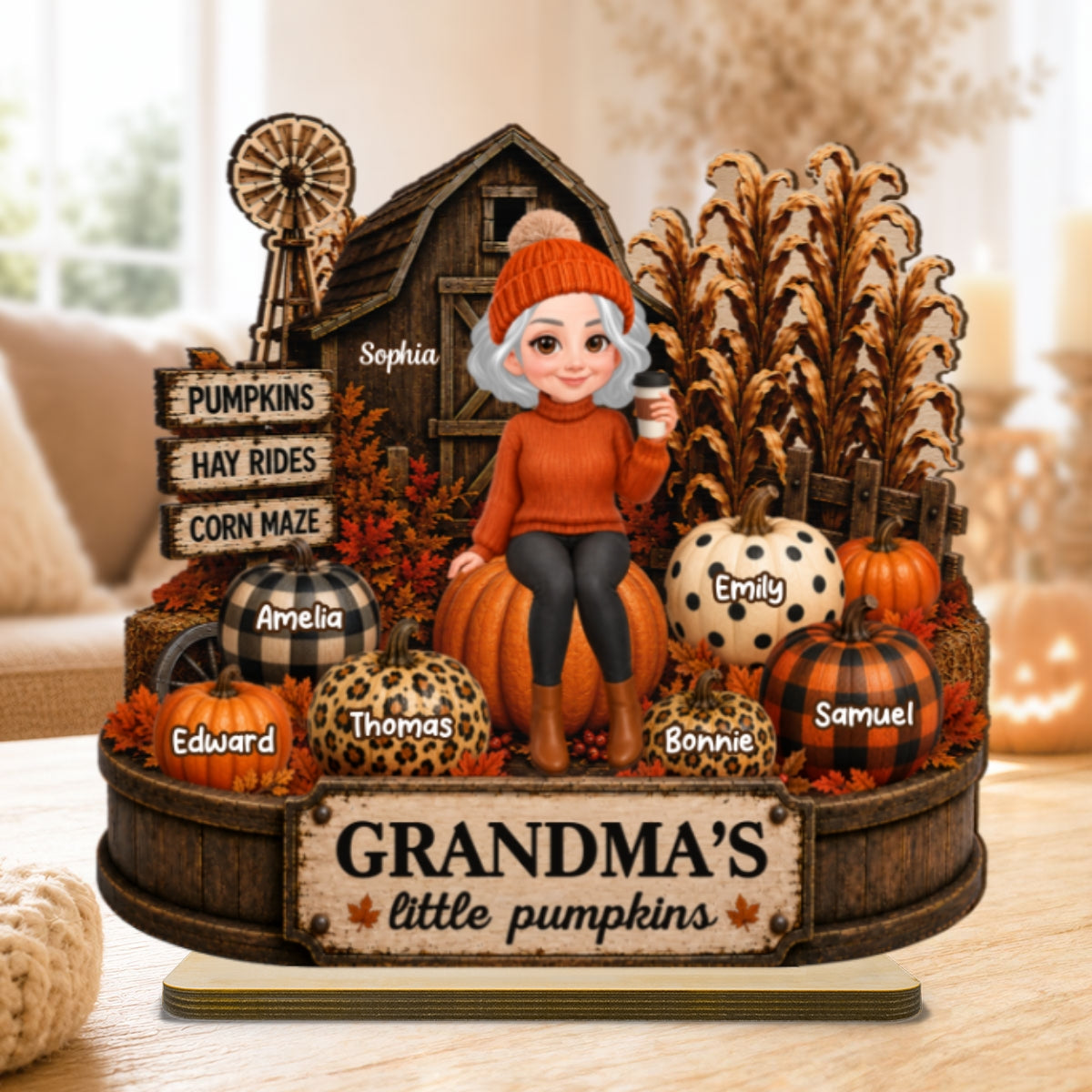 Grandma Pumpkins Hay Rides Corn Maze 2D Flate - Personalized Wooden Plaque