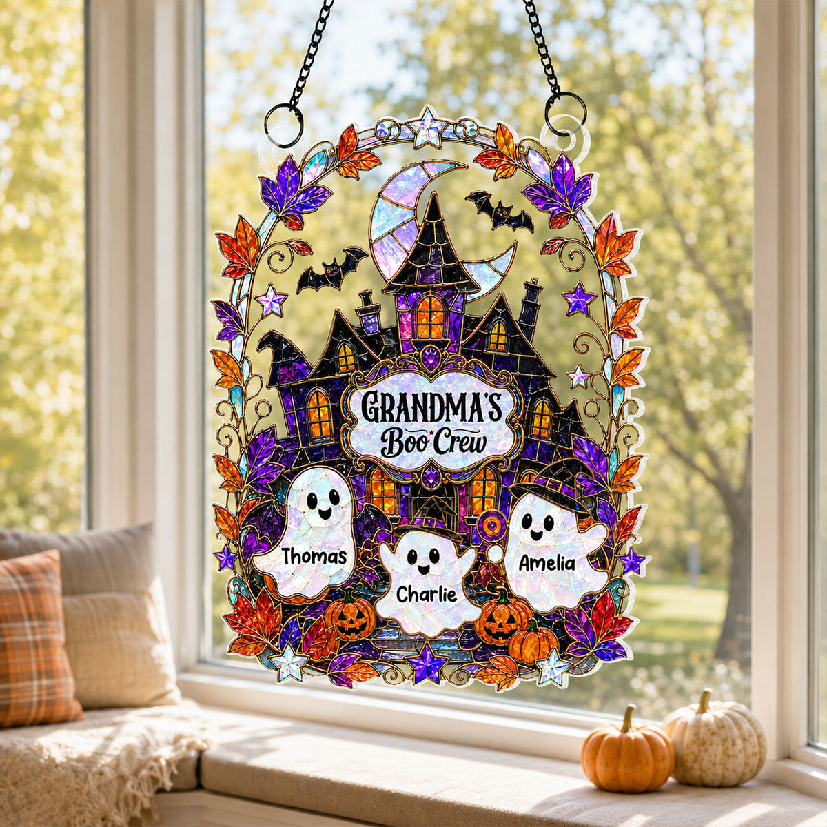 Whimsical Grandma's Boo Crew Haunted House - Personalized Acrylic Window Hanging - Halloween Decoration For Grandma