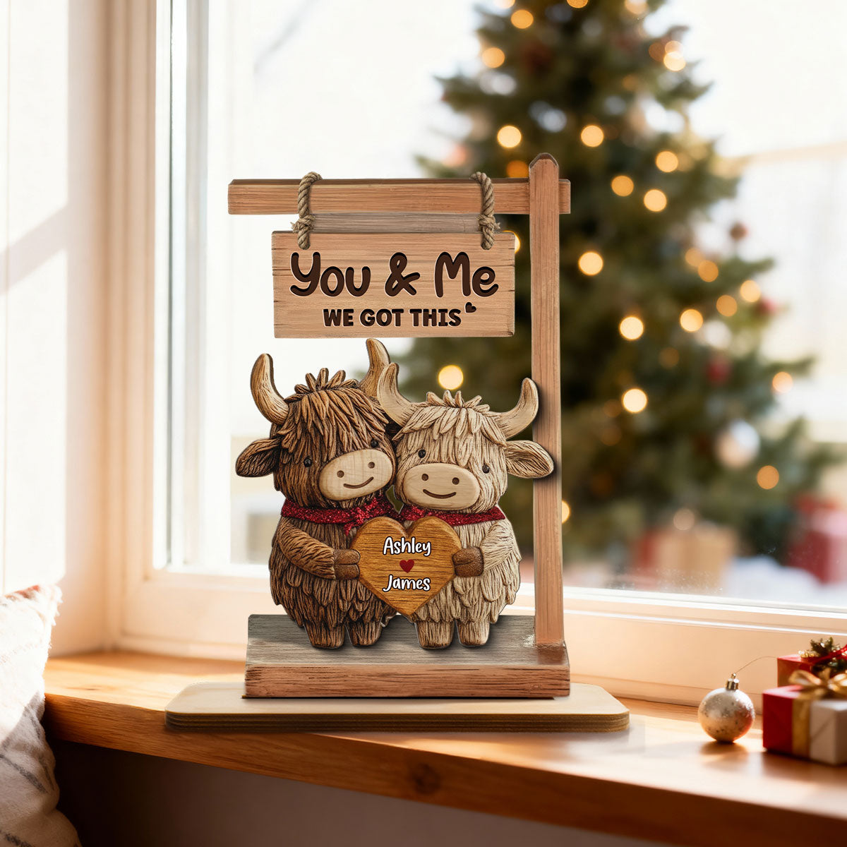3D Effect Highland Cows Couple - Personalized 2-Layered Wooden Plaque - Perfect Valentine's Day Gift For Him, Gift For Her