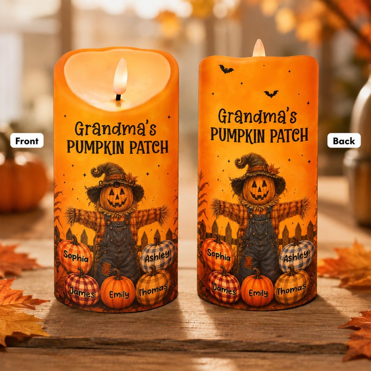 Grandma's Pumpkin Patch Scarecrow - Personalized LED Candle - Fall Season, Halloween Decor For Grandma