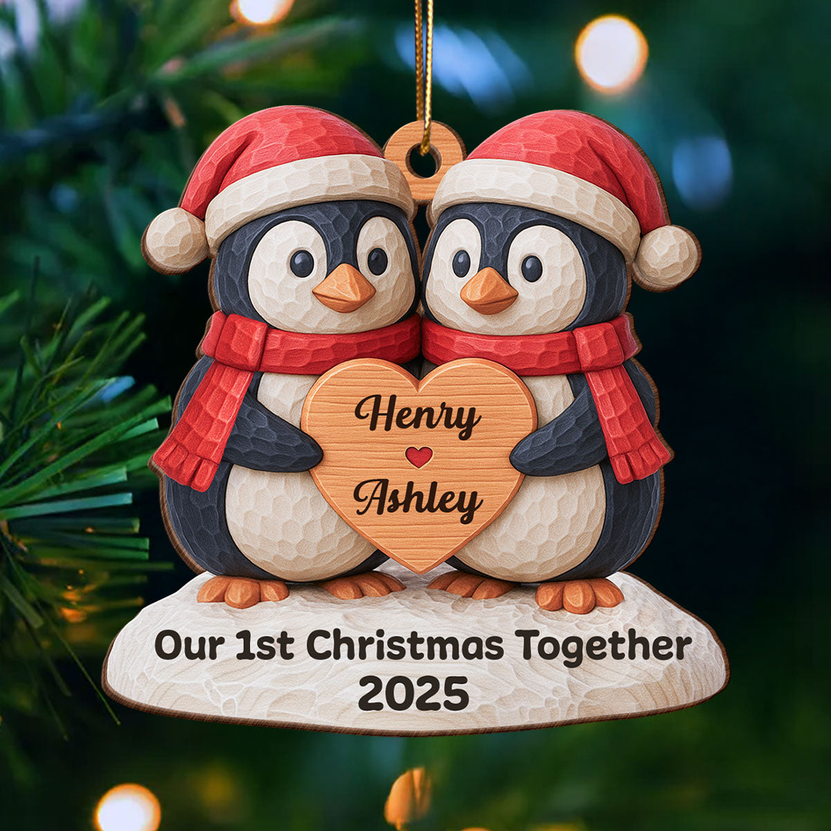 Christmas Penguin Couple - Personalized Wooden Ornament - Christmas Gift for Couple
