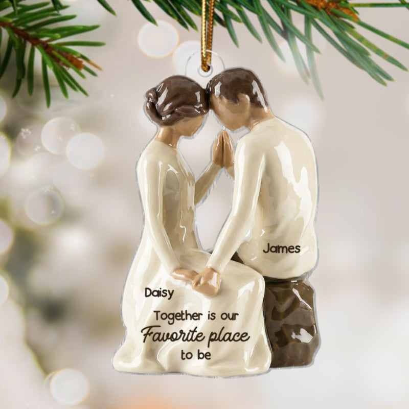3D Effect Couple Sitting Side By Side - Personalized Acrylic Ornament - Newlyweds Couple Keepsake