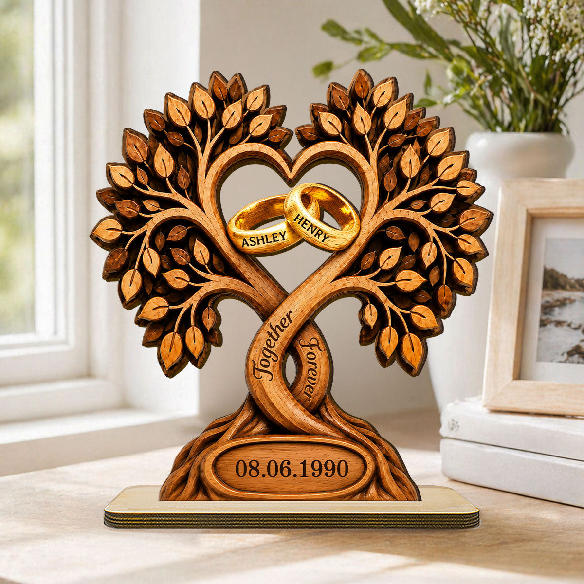 Forever Love Couple Rings In Tree Canopy - Personalized 2-Layered Wooden Plaque - Anniversary Gift, Wedding Gift For Couple