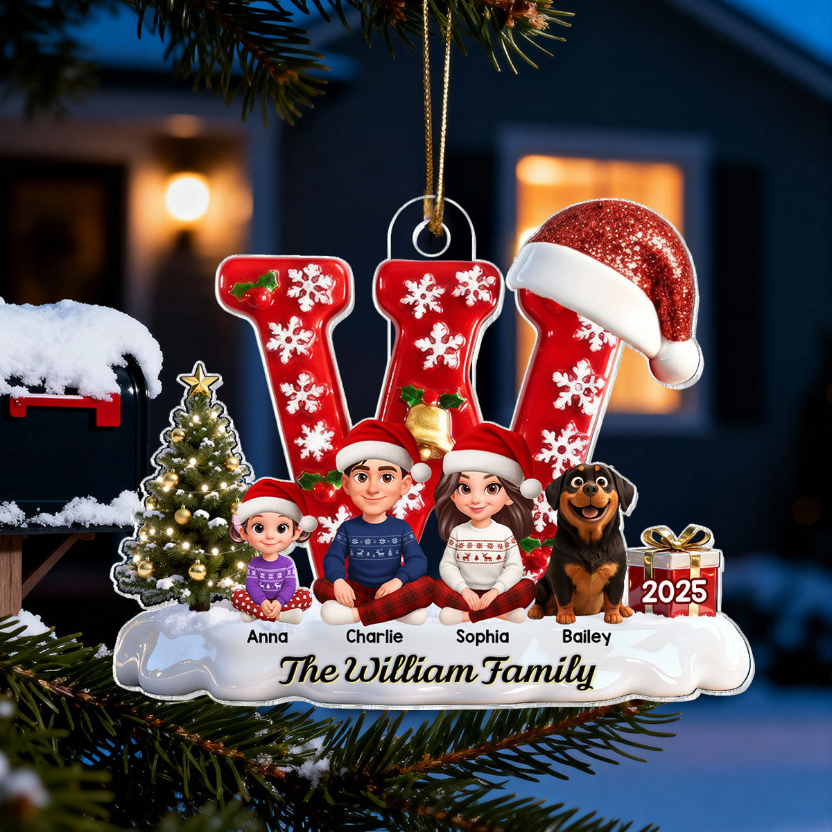 3D Effect Christmas Festive Family Name Initial Beautiful Family Together - Personalized Acrylic Ornament - Gift For Family