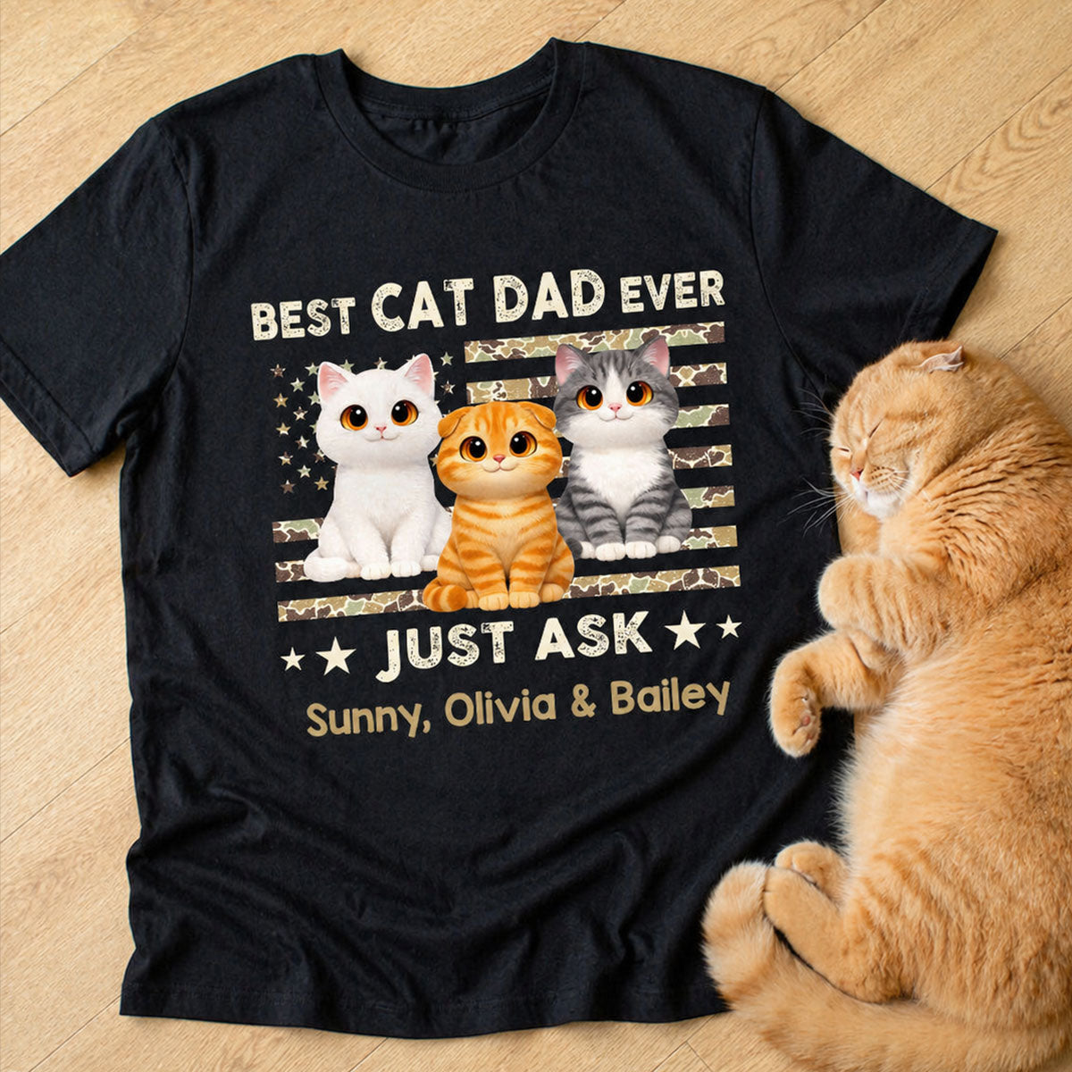 Best Cat Dad Ever Trendy Camouflage Pattern Nation Flag  - Personalized Shirt - Father's Day Gift For Cat Dad, Cat Lovers