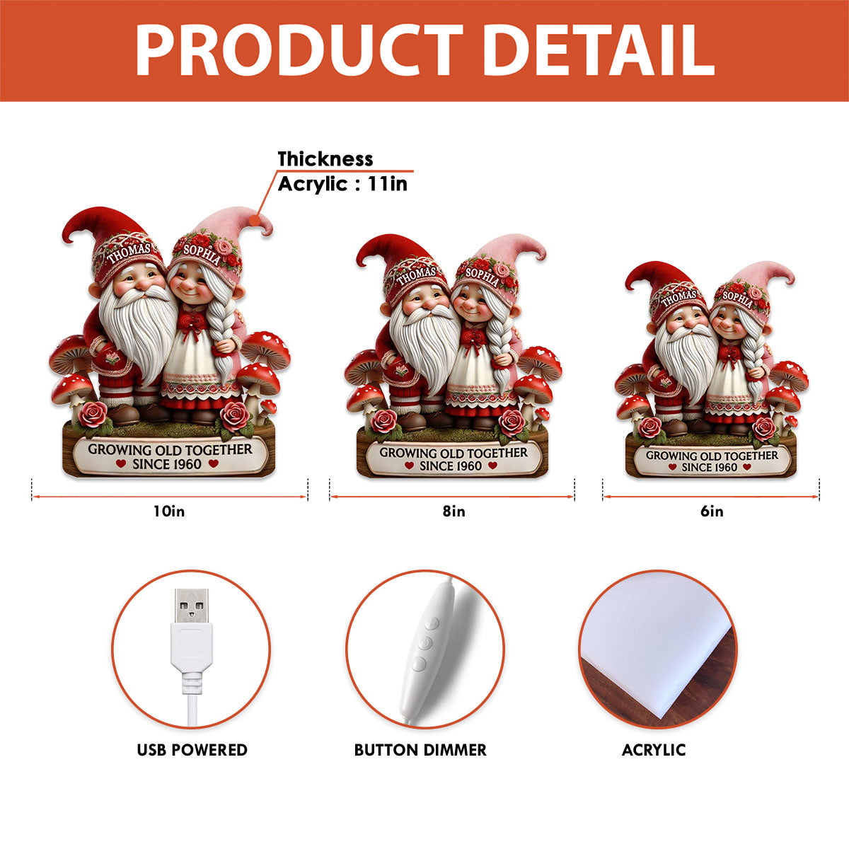 3D Effect Gnome Couple Growing Old Together - Personalized Light Box - Heartfelt Valentine's Day Gift, Anniversary Gift For Couple, For Him, For Her